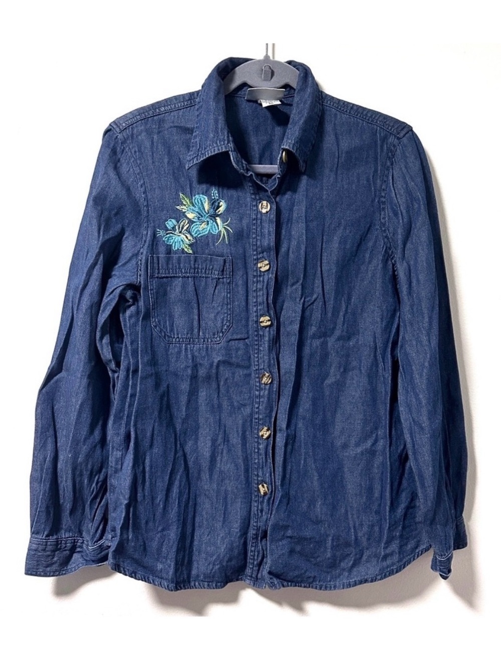 Vintage 90s Blair Denim Chambray Shirt Blue Hibiscus Embroidery Women’s Sz Small
